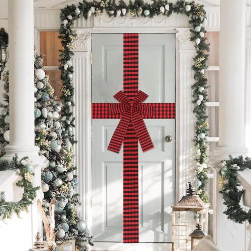 FOIMAS Christmas Cabinet Door Ribbon Bow 14inch Large Buffalo Plaid Door Ribbon Bows for Xmas Front Door Cabinet Home Decoration, Red and Black