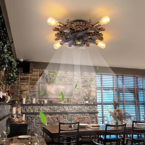 18.9 Vintage Industrial Small Ceiling Fans with Lights and Remote,Wooden Rudder Low Profile Fandelier Ceiling Fan with Light,Flush Mount Bladeless Ceiling Fan for Kitchen,Bedroom,Cafe Bar