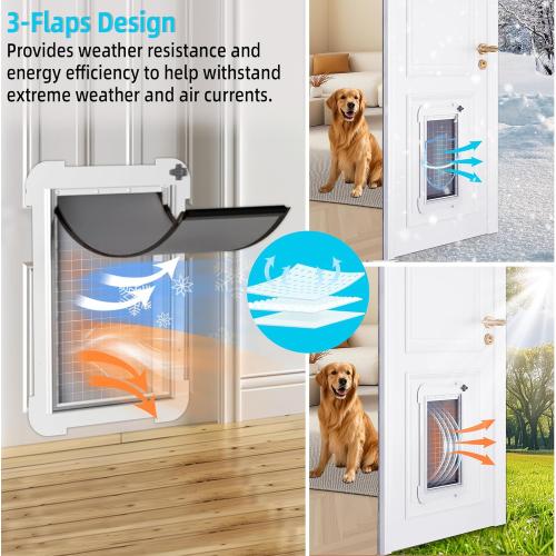 White 3-Flap Steel Large Dog Door for Exterior Doors with Sliding Lock Panel, Energy-Efficient Insulated Pet Door, Extreme Weather Doggy Door with Telescoping Tunnel, Never Rust(Pets Up to 100 Lb)