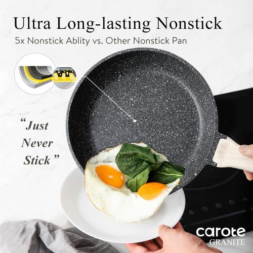 CAROTE Non Stick Frying Pan Skillet, Omelet Pan, Healthy Non Toxic Granite Chef Pan, Induction Compatible Egg Frying Pan with Heat-Resistant Handle, PFOA-Free,Black, 10