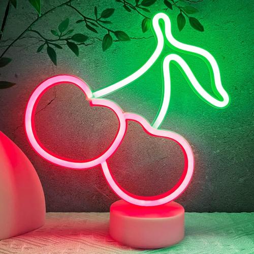 Cherry Neon Sign Lights LED Lamp Cherry Decor Birthday Party Decorations, Green Red Accessories for Women Fruit Gifts, USB/Battery Operated Neon Sign for Table Decor Room Home Girls Bedroom