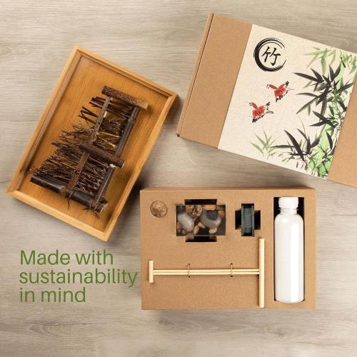 ENSO - Japanese Zen Garden Kit for Desk - 11x7.5 Inches Large - Bamboo Tray, White Sand, River Rocks, Pebbles, Rake Tools Set - Office Table Accessories, Mini Zen Sand Garden Kit - Meditation Gifts