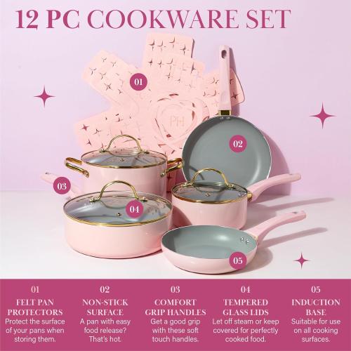 Paris Hilton Epic Nonstick Pots and Pans Set, Multi-layer Nonstick Coating, Tempered Glass Lids, Soft Touch, Stay Cool Handles, Made without PFOA, Dishwasher Safe Cookware Set, Pink