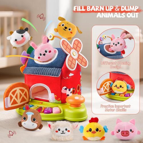 Musical Baby Toys 6-12 Months, Surprise Barn with 7 PCS Stuffed Farm Animals, 4 Mode Sound and LED Lights, Montessori Sensory Toys for 6 12 Months, Ideals 6 7 8 9 Month Old Baby Gifts Toy