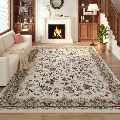 Rugcomf Vintage Paisley Rugs for Living Room 8'x10' - Machine Washable Area Rug, Non-Slip Low Pile Large Floral Carpet for Bedroom, Dining Room, Farmhouse, Office, Kids Playroom - Beige