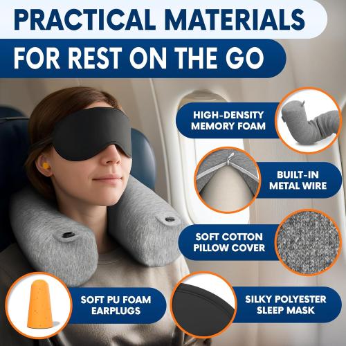 Twist Memory Foam Travel Pillow - Comfortable & Adjustable Neck Pillow for Traveling with Soft Washable Velvet Cover, Eye Mask & Earplugs - Long Flight Essentials | for 360° Neck Support, Chin, Lumbar