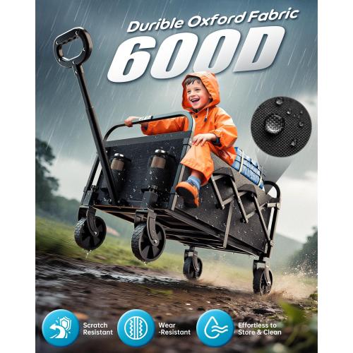 Color Black Collapsible Wagon 350 lbs, Heavy Duty Wagons Carts Foldable, Shopping Cart with All-Terrain Wheels & 2 Drink Holders, Weatherproof, Wagon Cart for Home, Outdoor,Beach,Camping, Sports, Black