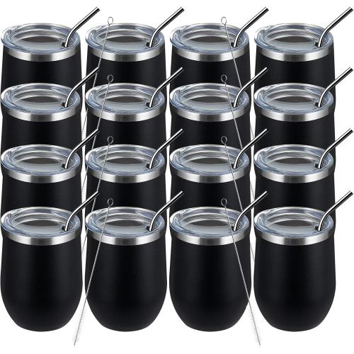MEWAY 12oz Wine Tumbler 16 Pack Bulk Gifts for Women,Double Wall Vacuum Stainless Steel Travel Mug with Lid,Insulated Stemless Wine Cup Glass for Coffee,Cocktails,Drinks(Black,Set of 16)