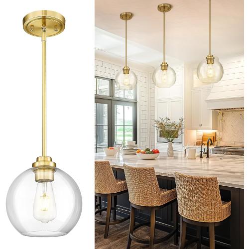 8 inch Modern Gold Pendant Light Fixtures, Mid Century Globe Pendant Lights with Clear Glass, 1 Light Hanging Lights for Kitchen Island, Bathroom, Dining Room (1 Pack), PL101BG-L