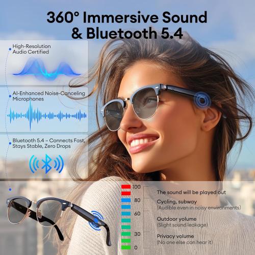 Smart Glasses, Photochromic Lenses Bluetooth Glasses, Blue Light Blocking, Open-Ear Speakers, Ligthweight Design Photochromic Sunglasses for Men and Women, Gold UF-C8 Ultra (No translation function)