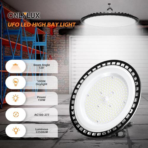 UFO LED High Bay Light 150W 22500LM 5000K, 600W HID/HPS Replacement, Cable with Plug, Ultrathin Led High Bay Shop Lights for Warehouse Garage Gym, Workshop 8Pack