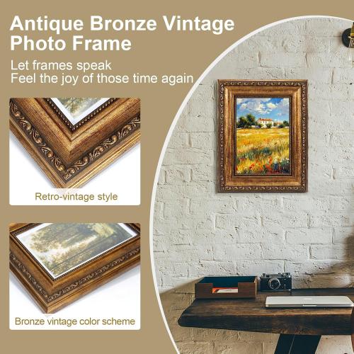 5x7 Vintage Gold Picture Frame, Ornate Victorian Frames for Gallery Wall or Tabletop with Real Glass, Display Art 4x6 with Mat or 5x7 without Mat for Antique Déco