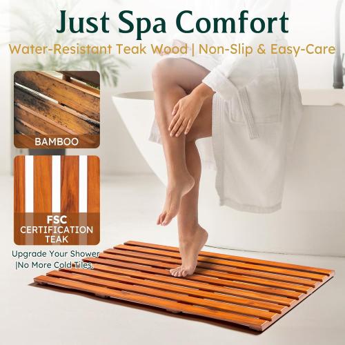 Teak Bath Mat 32x18 Extra Large - Solid Wood Shower Mat for Bathroom, Spa & Outdoor Use - Non-Slip Fast-Drying Design - Natural Teak Wood - Wide Slat Floor Mat for Tub & Pool