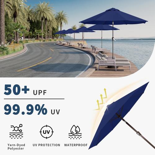 10FT Patio Umbrella Outdoor Market Umbrella with Crank and Tilt, 8 Flexible Fiberglass Ribs, UV-Resistant Waterproof Canopy for Patio, Deck, Garden, Backyard, Navy Blue