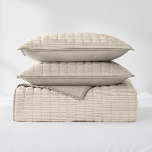 Super king plus 325 x 305 cm Wonderful Luxury Velvet Quilt - Striped Channel Stitch Beige Quilt King, Soft Corduroy Lightweight Comforter, Pet-Friendly, Tear-Resistant, Bedspread Coverlet Bedding Set for All Season