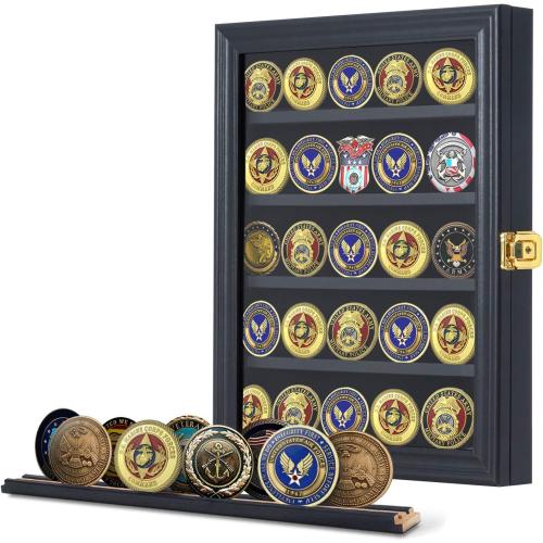 Jinchuan Military Challenge Coin Display Case Lockable Cabinet Rack Holder Shadow Box with Removable 2 Grooves Shelves and Anti Dust Door for Casino Poker Chips Collectibles, Small - Black