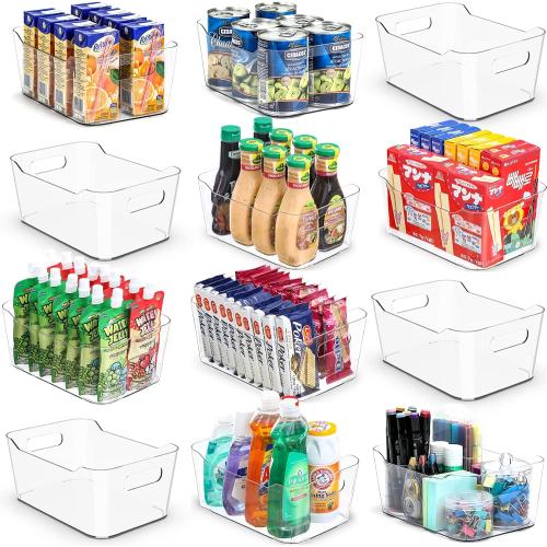 12 PACK Clear Plastic Storage Bins, Kitchen Cabinet Pantry Organizer Bins
