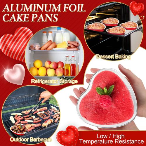 Yinkin 50 Set 9 oz Heart Shaped Aluminum Cake Pan with Lid Disposable Heart Foil Tin Pans Cupcake Liners Muffin Tins for Mother's Day Wedding Bridal Shower Baking Supplies (Red)