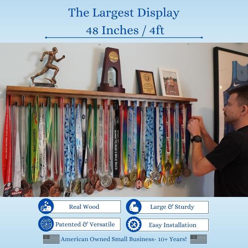 4ft- Medal Awards Rack Premier Medal Hanger Display Rack and Trophy Shelf for Gymnastics, Soccer, Basketball, Football, and More. The Largest Medal and Award Display- 48”