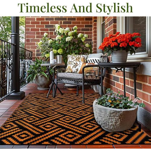 Black and Orange OPPODREAM Outdoor Rug Patio Waterproof, Large Outdoor Plastic Straw Rug, Reversible Out Door Carpet for Camping, Deck, Rv, Area Carpet for Balcony, Porch, Backyard