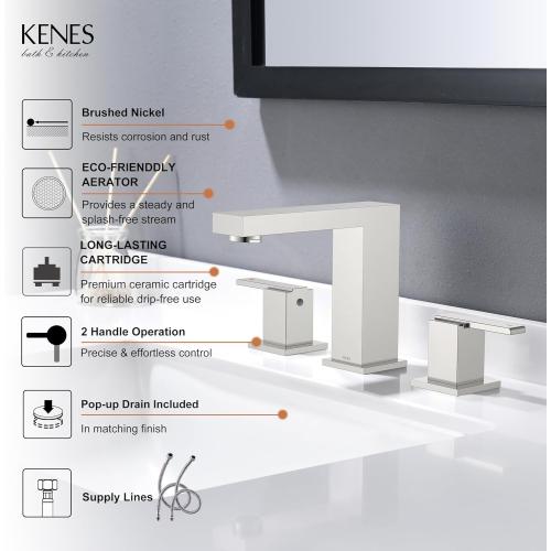 KENES Brushed Nickel Widespread Bathroom Faucet 2 Handle Bathroom Sink Faucet 3 Hole, 8-Inch 3 Pieces Vanity Faucet with Pop Up Drain & Supply Lines, KE-9050-P