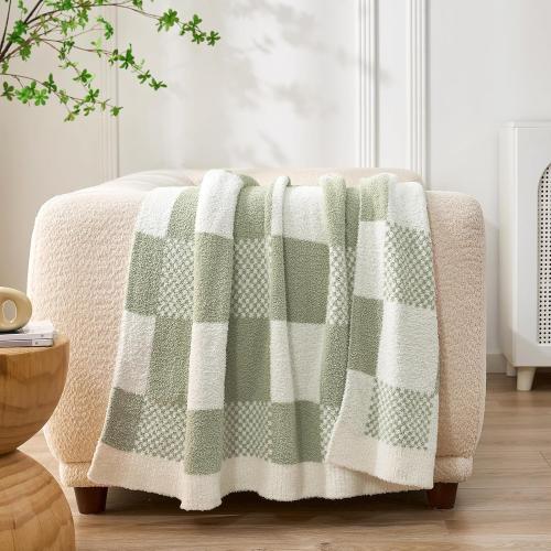 Snuggle Sac Checkered Blanket, Sage Green Throw Blanket for Couch Plaid Microfiber Fluffy Warm Cozy Fuzzy Soft Throw Blanket Reversible Checker Blankets for Sofa, Chair, Bed, 50x60 inches