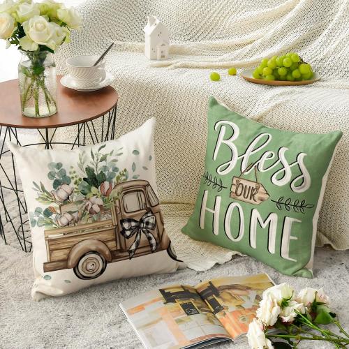 Bless Our Home Farmhouse Eucalyptus Leaves Throw Pillow Covers, 18 x 18 Inch Truck Home Sweet Cushion Case Decorations Set of 4