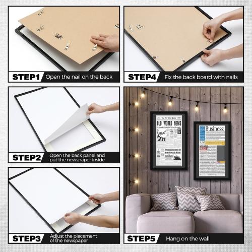 DoubleFill 6 Pcs 11x22 in Newspaper Frame with Mat Assorted Media Article Cover Frame with Hanging Hardware 14x24 in Newspaper Display Poster for Wall Decoration (Black Mat)