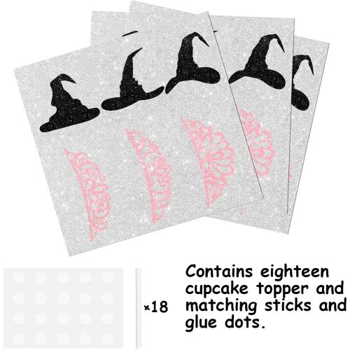 18pcs Black Pink Glitter Witch Hat Crown Dessert Cupcake Topper Pick for Princess Witch Party Theme Decor Supplies Men Women Boys Girls Happy Birthday Party Decoration