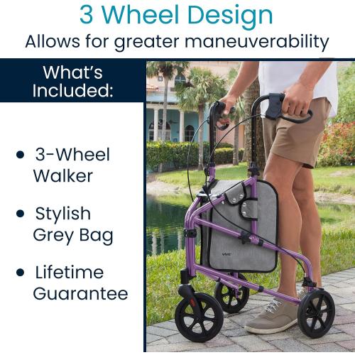 Vive Mobility 3 Wheel Walker - Three Wheeled Rollator for Seniors | Lightweight, Foldable, Narrow, Heavy Duty - for Elderly Men Women - Folding 3-Wheel Tri Scooter with Basket Bag