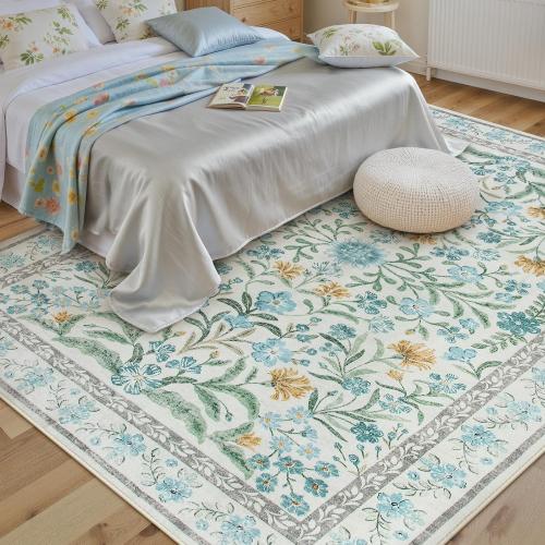 Lahome Light Blue Bedroom Rug 8x10 Under Bed, Boho Washable Rugs for Living Room Nursery, Soft Wool Vintage Low Pile Carpet for Dining Room Girls | Soft Wool Vintage Low Pile Carpet for Girls Kids Nursery Dining Room