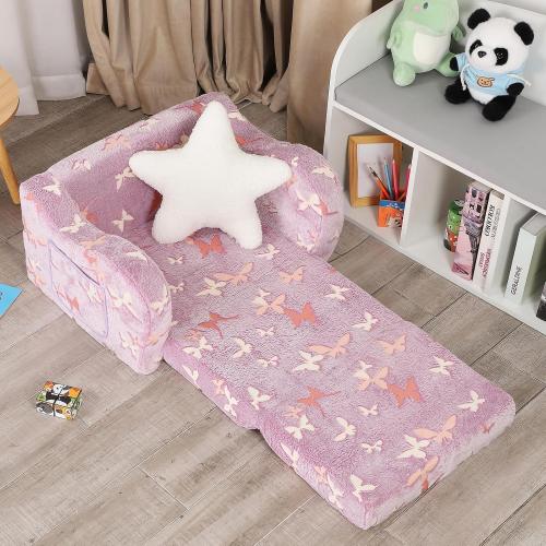 Toddler Couch, 2-in-1 Kids Soft Couch Fold Out with Star Pillow, Foldable Sofa to Lounger, Medium, Butterfly Glow in The Dark