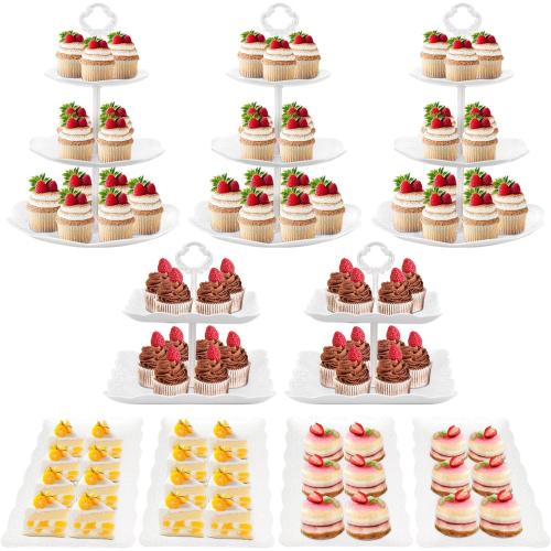 9Pcs Cupcake Stand White Plastic Cake Stand Dessert Table Stands Set 3Tier 2Tiered Cupcake Tower Stand Treat Display Holder Cookie Candy Serving Tray Dessert Trays for Wedding Baby Shower Tea Party