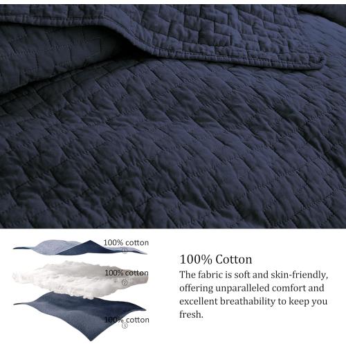 palassio Navy Blue 100% Cotton Quilt Twin Size Bedding Sets with 1 Pillow Sham, Textured Lightweight Soft Bedspread Shabby Chic Coverlet, Quilted Comforter Bed Cover for All Season, 2 Pieces
