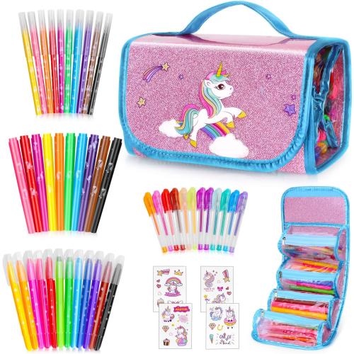 AJLICHIBAN FUN 49 Pcs Fruit Scented Washable Markers Sets with Unicorn Pencil Case, Kids Unicorn Art Supplies & Crafts, Art Coloring Painting Kits, Christmas Unicorn Presents for 4-12 Year Old Girls