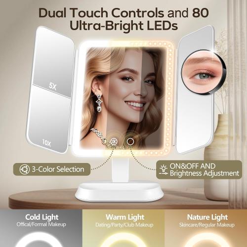 GOMIPURU Makeup Mirror with Lights and 30X/10X/5X Magnification, Vanity Mirror with 3 Color Lights, Rechargeable, Detachable, Lighted Makeup Mirror with Magnification, Trifold Mirror, Gifts, White