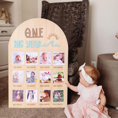 The Big One surf One Year Old Photo Board - My First Year Photo Display Wood Board, Wave Theme Monthly Milestone Photo Board, the Big One 1st Birthday Decoration, 12 Months Photo Frame