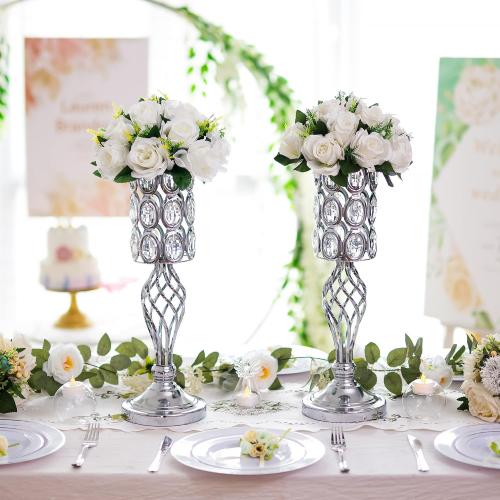 Set of 2 Silver Vases for Centerpieces - Metal Flower Stand with Bling Stones, Tall Vases for Wedding Table, Set of 2