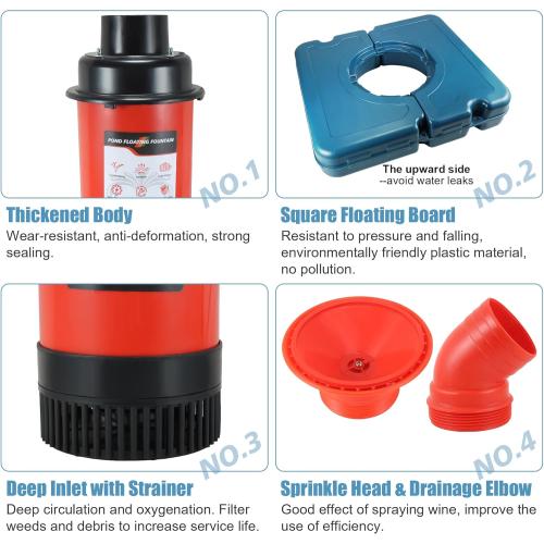 Pond Fountain Aerator, F1-4 1HP 750W 110V PowerfuI Floating Pond Fountain Pump With 100 FT Power Cord, Outdoor Pond Aerating Fountains Cascade Pump for Small Large Ponds Lake Pond Jet System