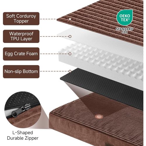 OhGeni Orthopedic Waterproof & Machine Washable Dog Bed for Medium Large Pets, Cat Mat with 25D Egg Crate Foam, Non-Slip Bottom & Removable Cover, 36 Inches(Brown)