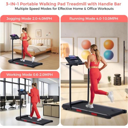 Walking Pad with Handle Bar, 3.5HP Electric Portable Walking Pad Treadmill with Handles, 0.6-10MPH Running Treadmill with Handles for Home Small, Big Screen, 400LBS Capacity