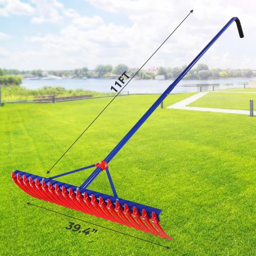 40 Extra-Large Heavy Duty Lake Weed Rake for Ponds with 11 Long Plastic Tines, 11ft Commercial-Grade Aquatic Weed Removal Tool, Deep Water Weed Cleaner for Large Aeras, Ergonomic Handle.