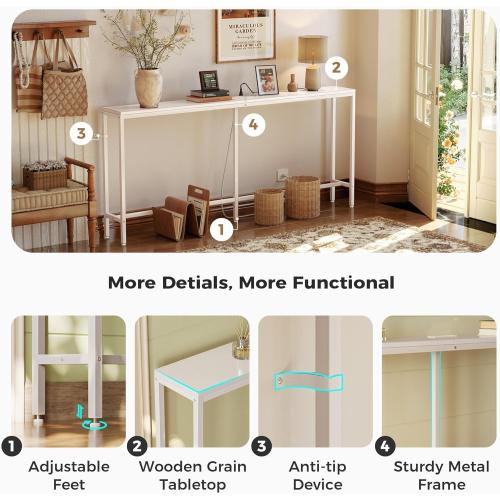SUPERJARE 70 Inch Console Table with Outlet, Sofa Table with Charging Station, Narrow Entryway Table, Skinny Hallway Table, Behind Couch Table, for Living Room, White
