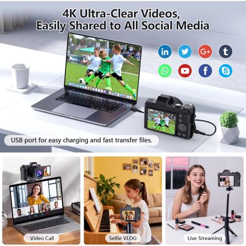 4K Digital Camera for Photography & Vlogging, 56MP Point and Shoot Digital Cameras with 180° Flip Screen, 16X Zoom Compact Travel Camera, Portable Cámara for Adults & Beginners with 32GB SD Card