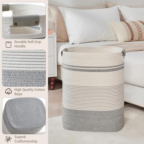AINUOQI Laundry Basket with Handles - Blanket Basket & Hampers for Bedroom Aesthetic, Laundry Hamper & Blanket Storage for Living Room, Clothes Hamper, Tall, Large 17 x 14 x 22”, Grey & White