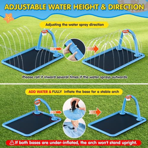 Instraella Splash Pad, 110x91'' 2-in-1 Large Sprinkler Mat with Basketball Hoop and Arch for Kids Outdoor Play, Shoot Game for Backyard, Inflatable Water Outdoor Toys More Fun for Boys and Girls