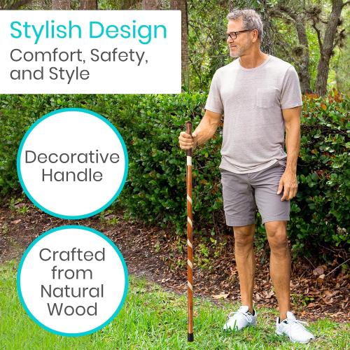 BROWN AND CREAM Vive Wooden Walking Stick - Willow Cane for Seniors Hiking & Balance - Heavy Duty Carved Twisted Wood Sticks for Men & Women - Stylish Support Pole for Outdoor Trekking & Weight Bearing