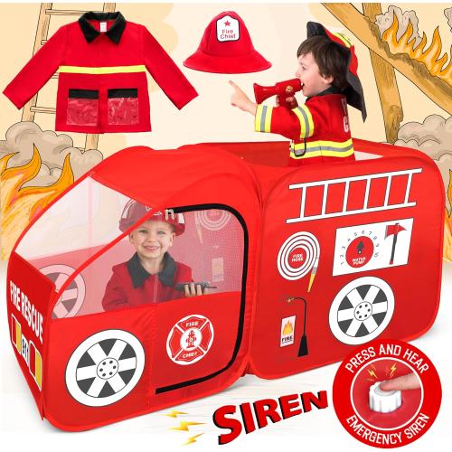 W&O Fire Truck Play Tent with Siren Button, Firefighter Hat & Jacket – Ultimate Firefighter Pop-Up Tent for Toddlers & Kids