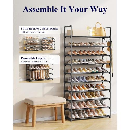 Kitsure 10 Tier Shoe Rack, Tall Shoe Organizer, 32.2 Wide, Black | Large-Capacity Shoe Storage with Hooks, Shoe Shelf for Closet, Entryway, Bedroom, Living Room, Zapateras Organizer