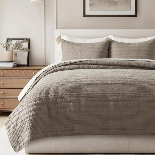 EVERGRACEHOME 100% Cotton Modern Lines Quilt Set King Size, Pre-Washed Soft Striped Coverlet Bedspread, 3 Piece Lightweight Bedding Set for All Season, with 2 Pillow Shams, Stone Taupe